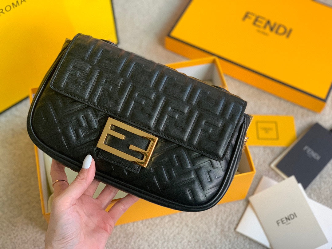 Fendi Baguette Black Embossed FF Leather Shoulder Bag with Gold-Tone Hardware