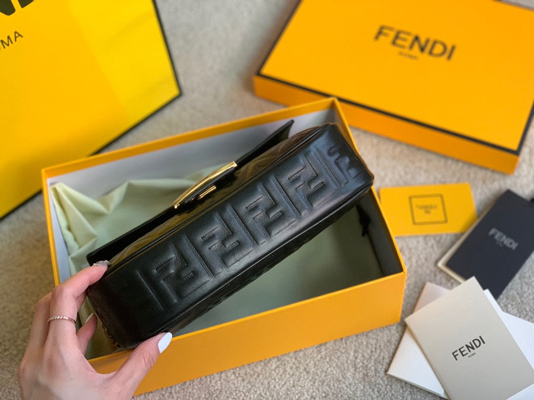 Fendi Black Quilted Nappa Leather Baguette Bag with Gold-Tone FF Logo