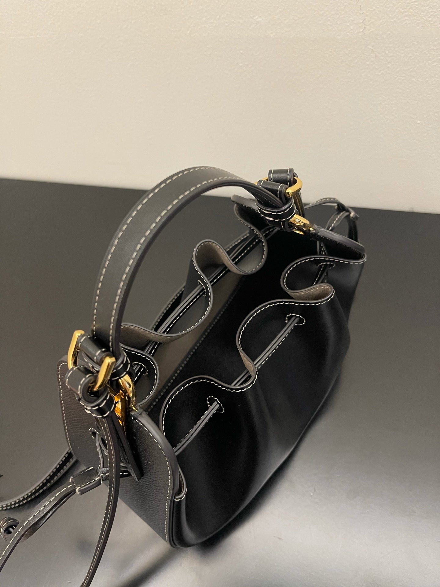 Elegant Black Mini Drawstring Bucket Bag - Leather Crossbody Handbag with Top Handle