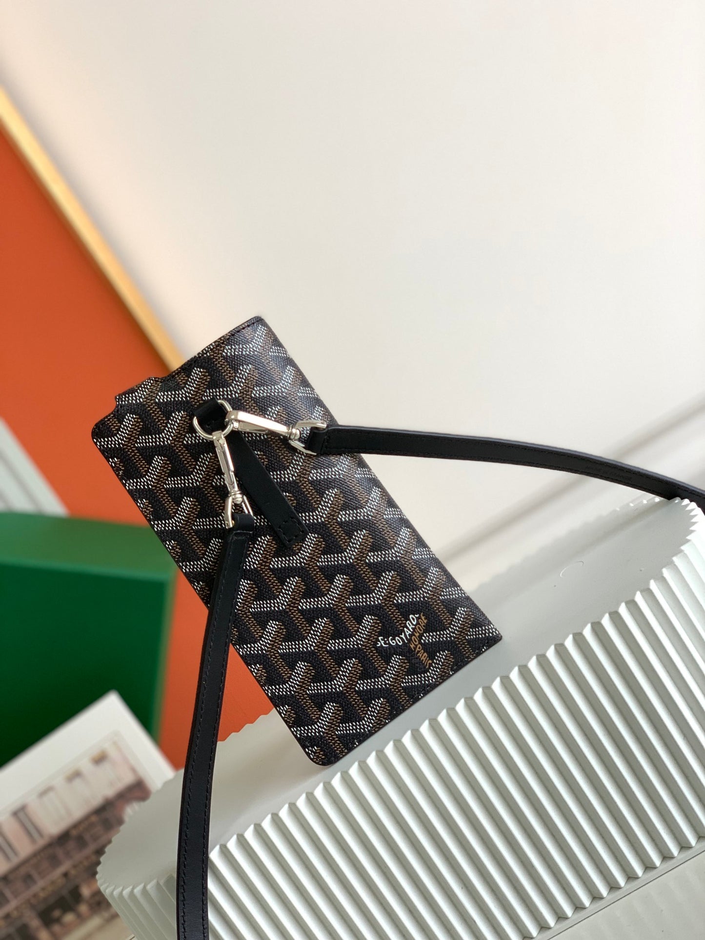 Gogy Black Chevron Pattern Slim Card Holder Wallet with Lanyard Strap