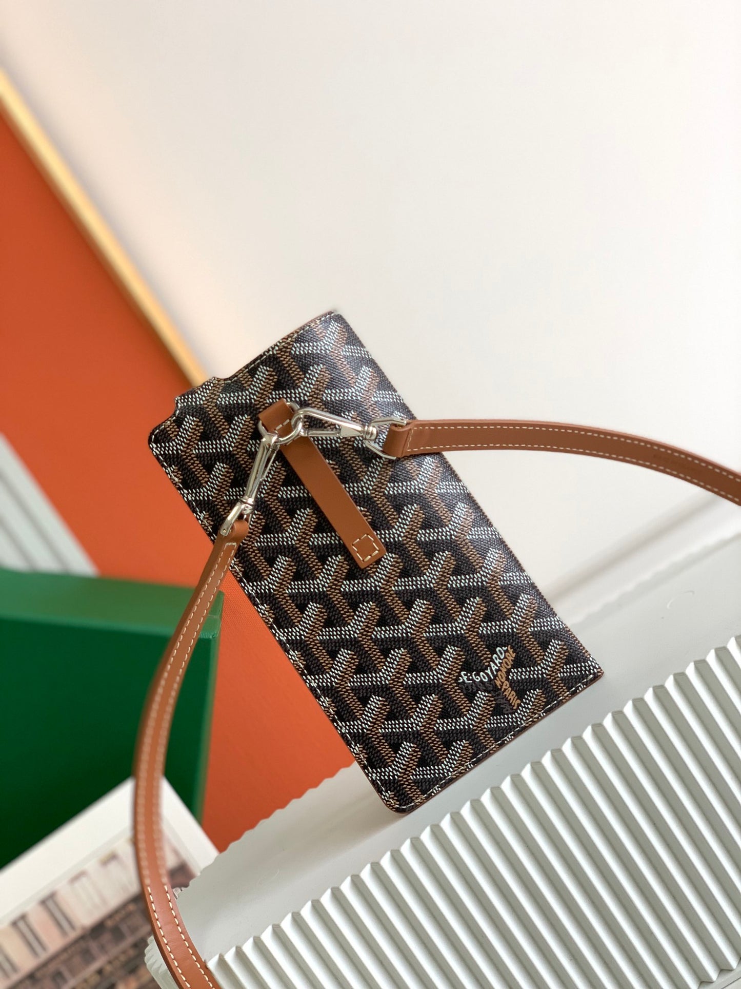 Gogy Classic Chevron Pattern Leather Phone Pouch with Crossbody Strap