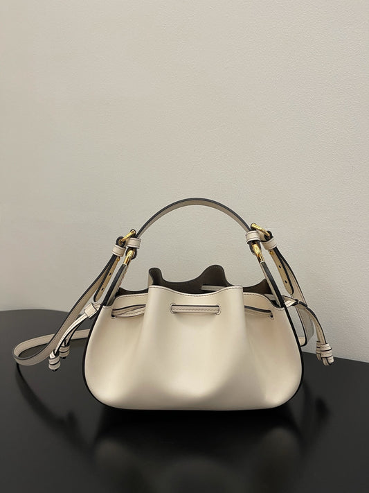 Mini Cream Leather Bucket Bag with Crossbody Strap