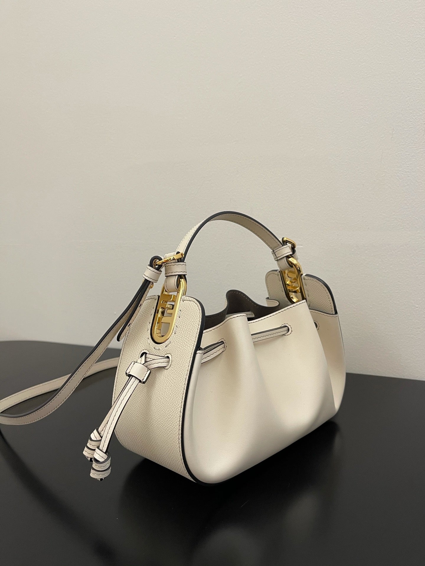 Mini Cream Leather Bucket Bag with Crossbody Strap