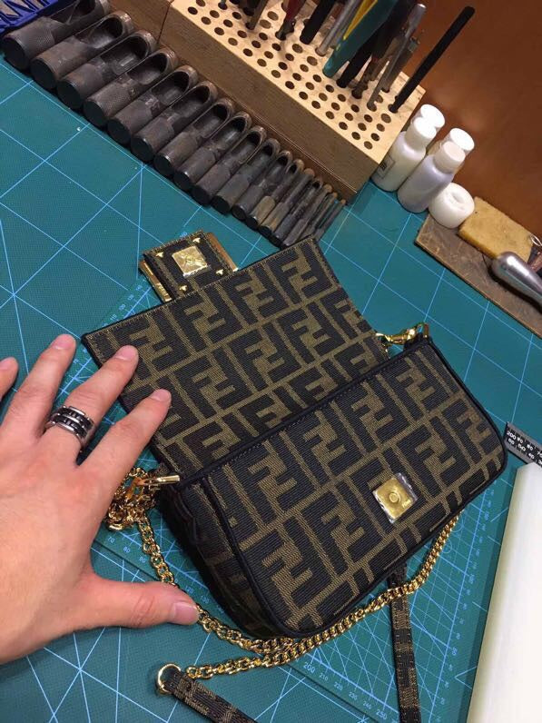 Fendi Mini Baguette Bag in Zucca Monogram Canvas with Gold Hardware