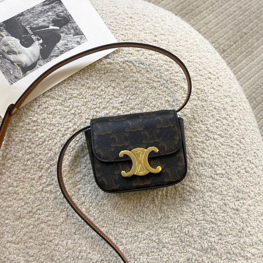 Celine Mini Triomphe Bag in Triomphe Canvas and Calfskin - Tan