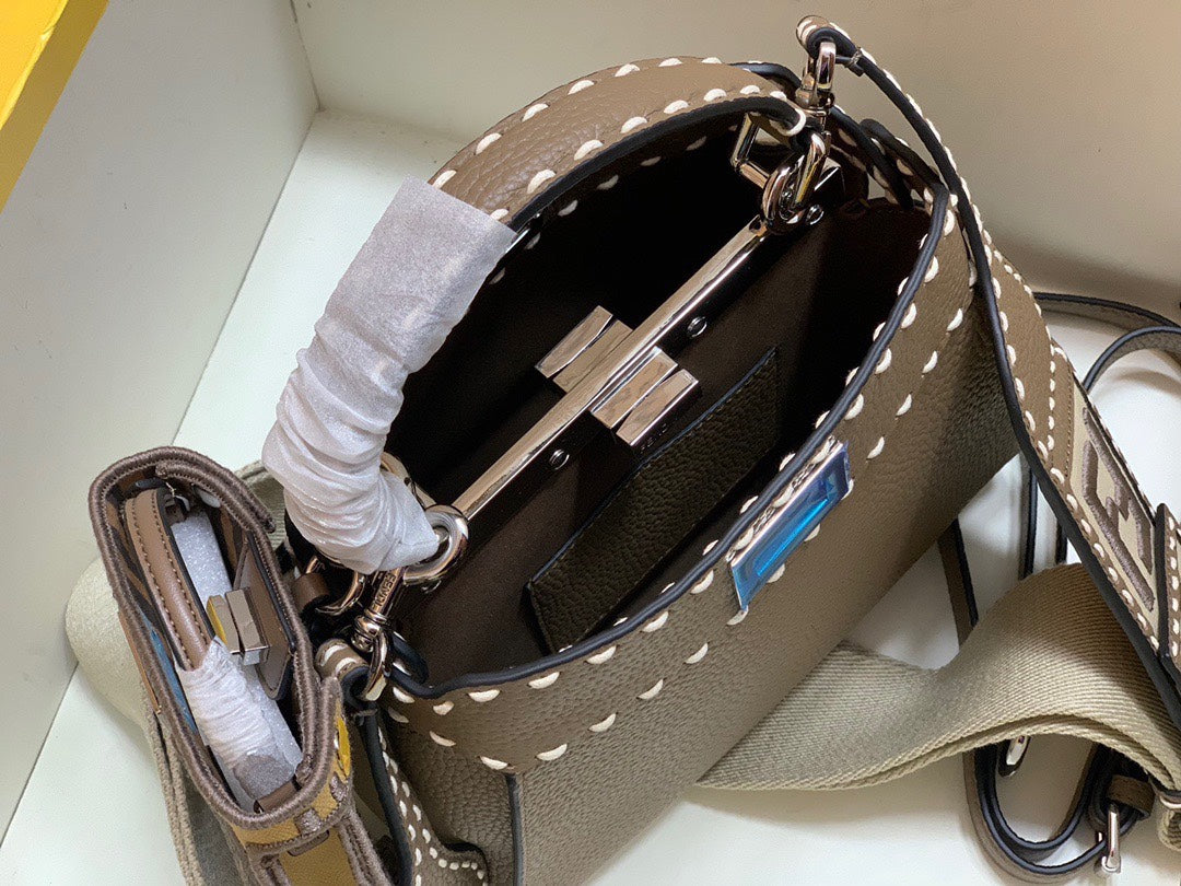 Fendi Peekaboo Iconic Mini Brown Leather Handbag with FF Logo Strap and Charm