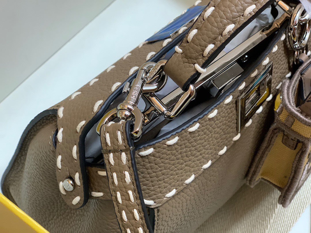 Fendi Peekaboo Iconic Mini Brown Leather Handbag with FF Logo Strap and Charm