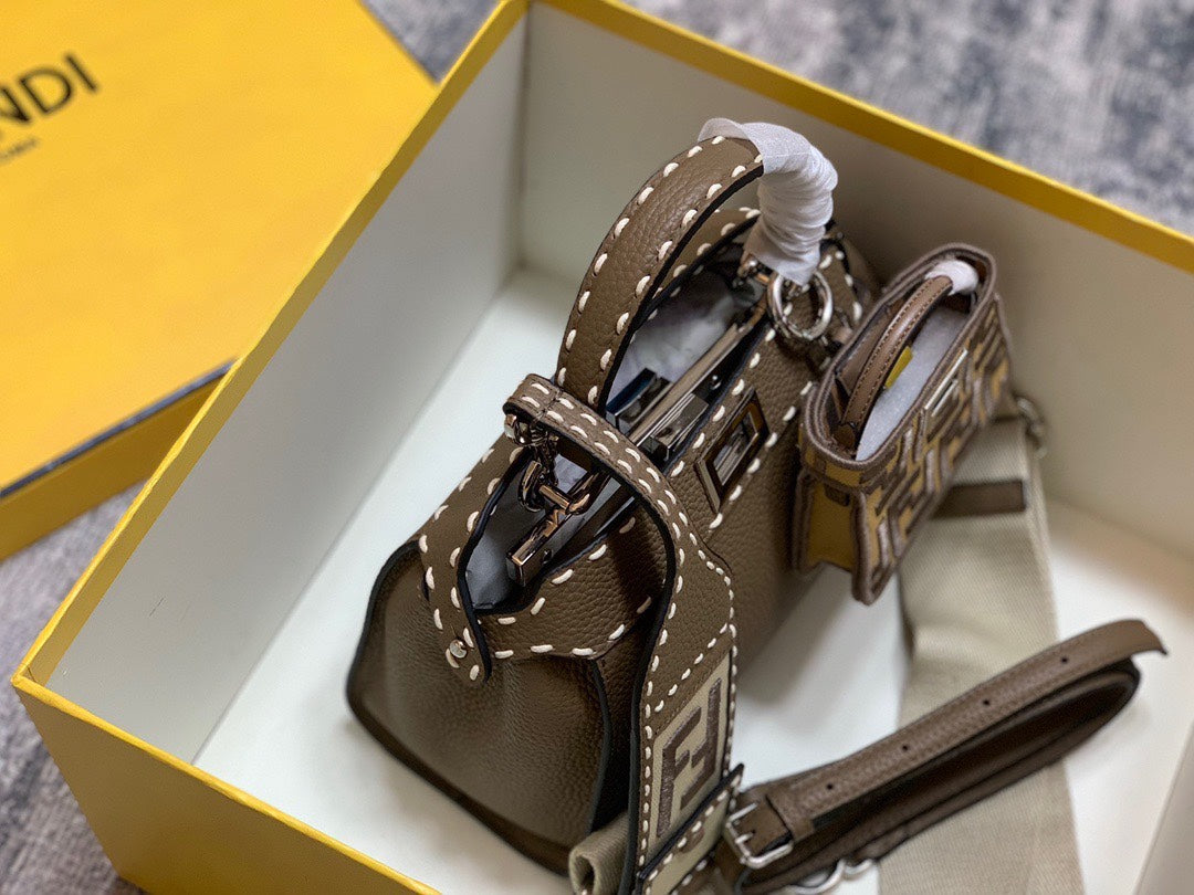 Fendi Peekaboo Iconic Mini Brown Leather Handbag with FF Logo Strap and Charm
