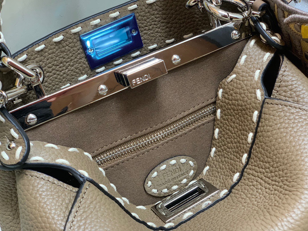 Fendi Peekaboo Iconic Mini Brown Leather Handbag with FF Logo Strap and Charm