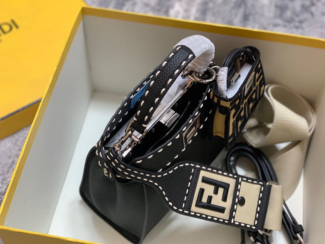 Fendi Peekaboo ISeeU Black Leather Handbag with FF Logo Strap and Charm