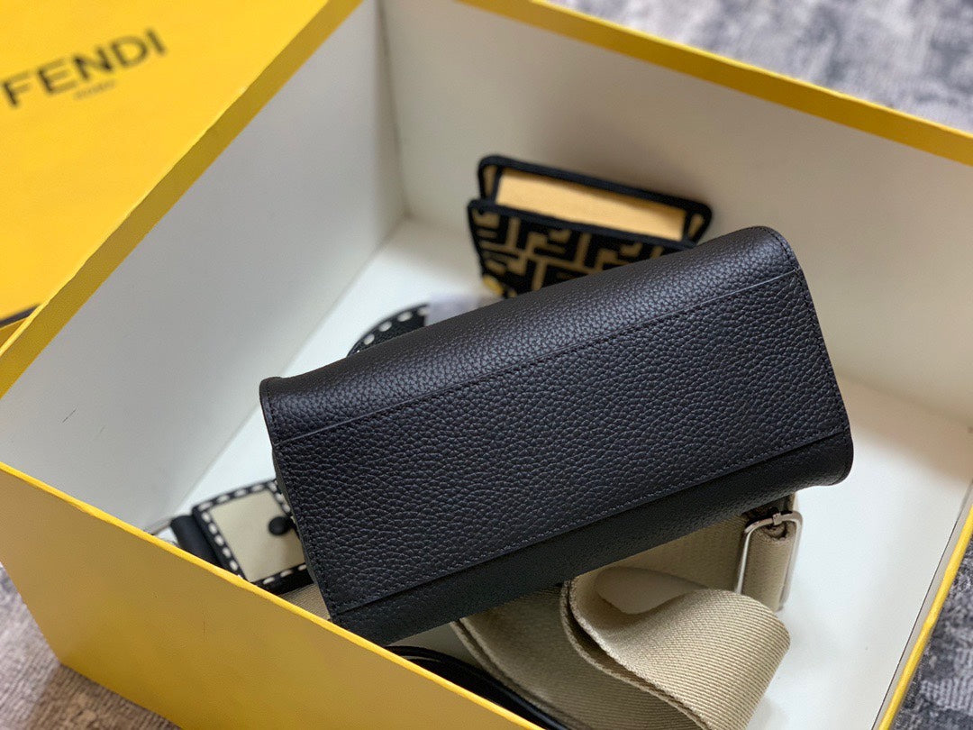 Fendi Peekaboo Leather Handbag with FF Motif Strap and Mini Bag Charm