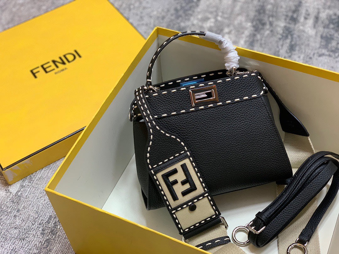 Fendi Peekaboo ISeeU Black Leather Handbag with FF Logo Strap and Charm