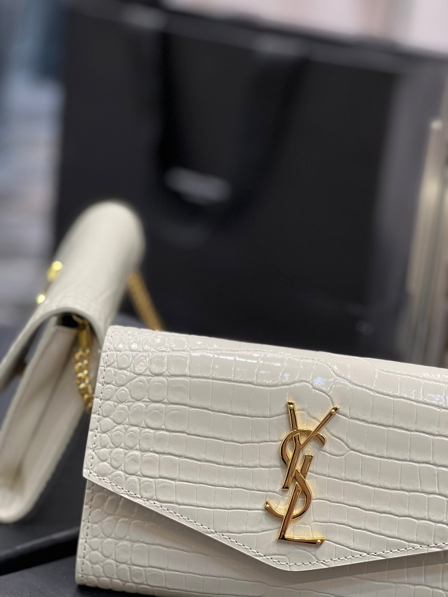 Saint Laurent Uptown Chain Wallet in Croc-Embossed Leather - White
