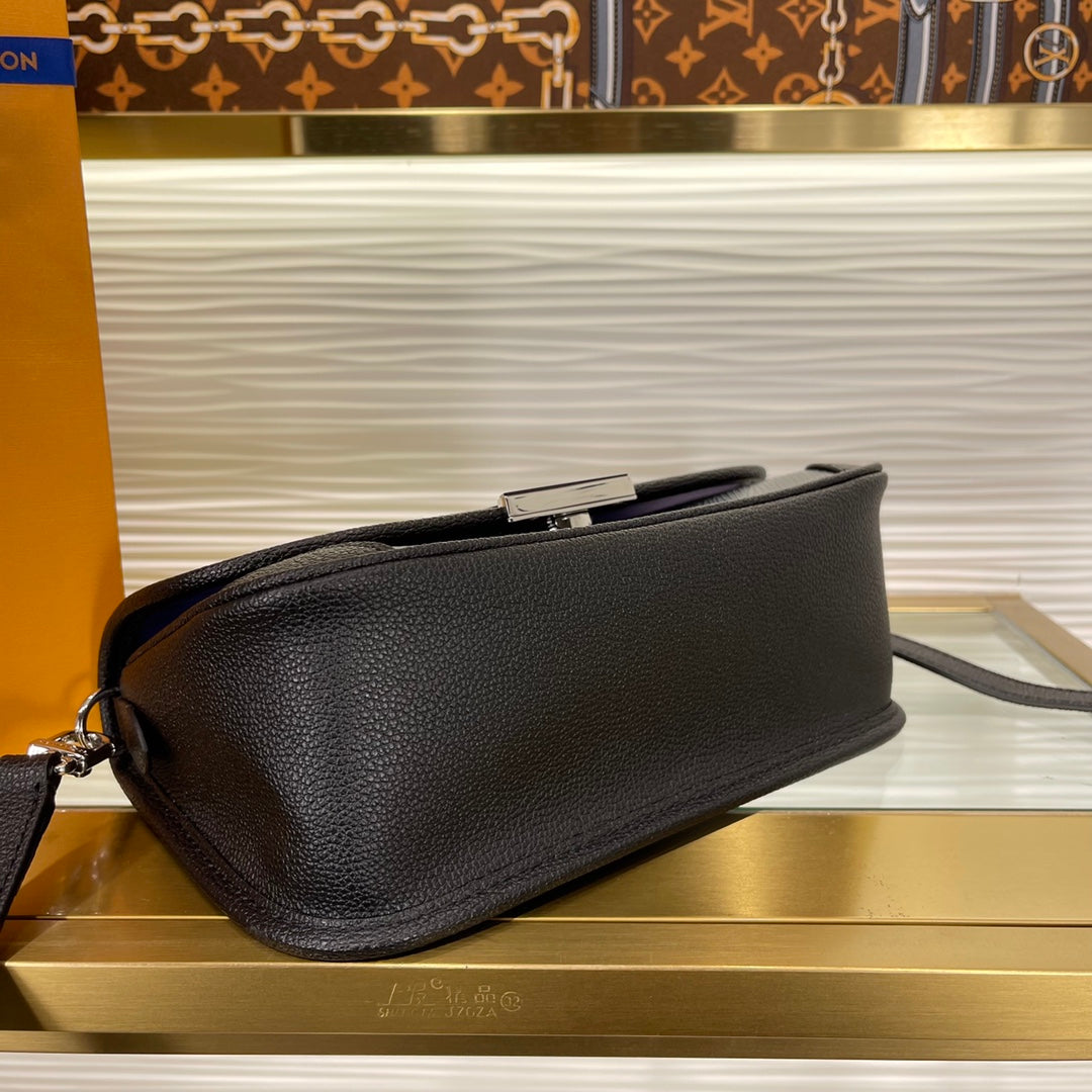 Louis Vuitton Classic Black Embossed Leather Shoulder Handbag with Metal Clasp
