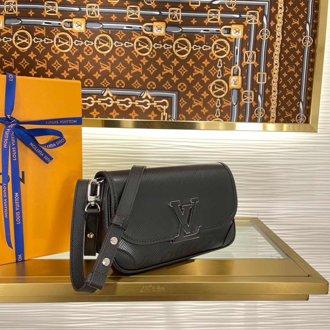 Louis Vuitton Classic Black Embossed Leather Shoulder Handbag with Metal Clasp