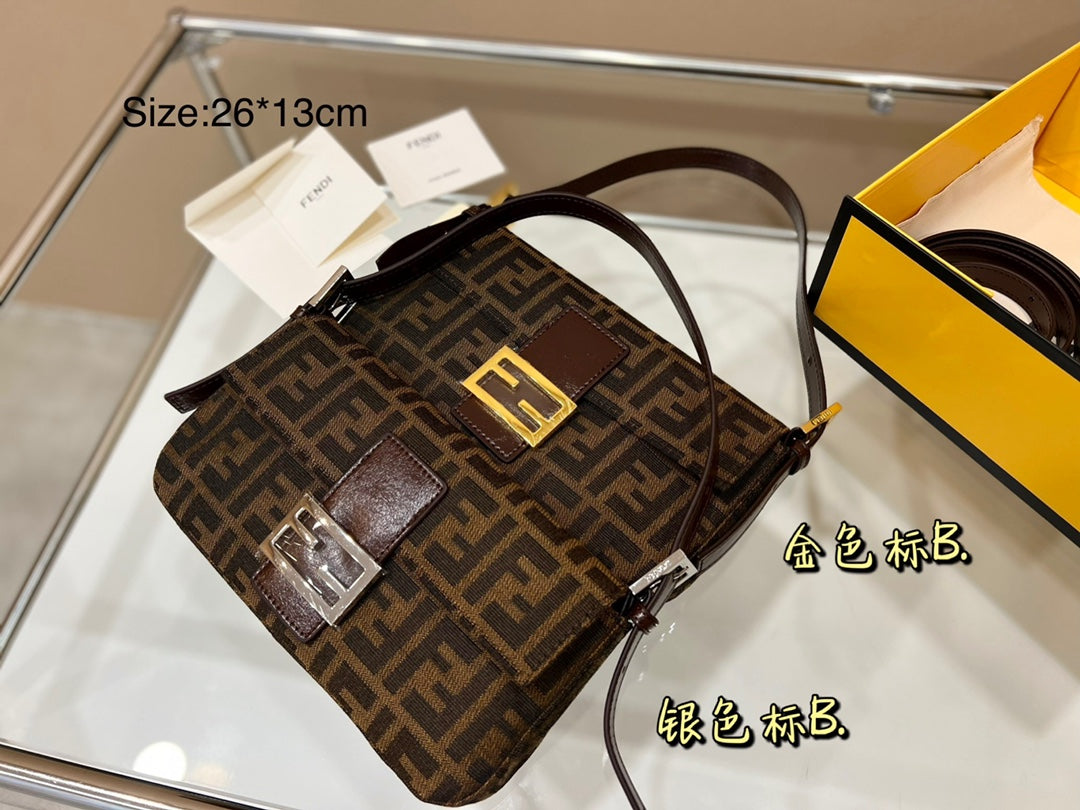 Fendi Zucca Monogram Canvas Baguette Shoulder Bag - Brown FF Logo 26x13cm