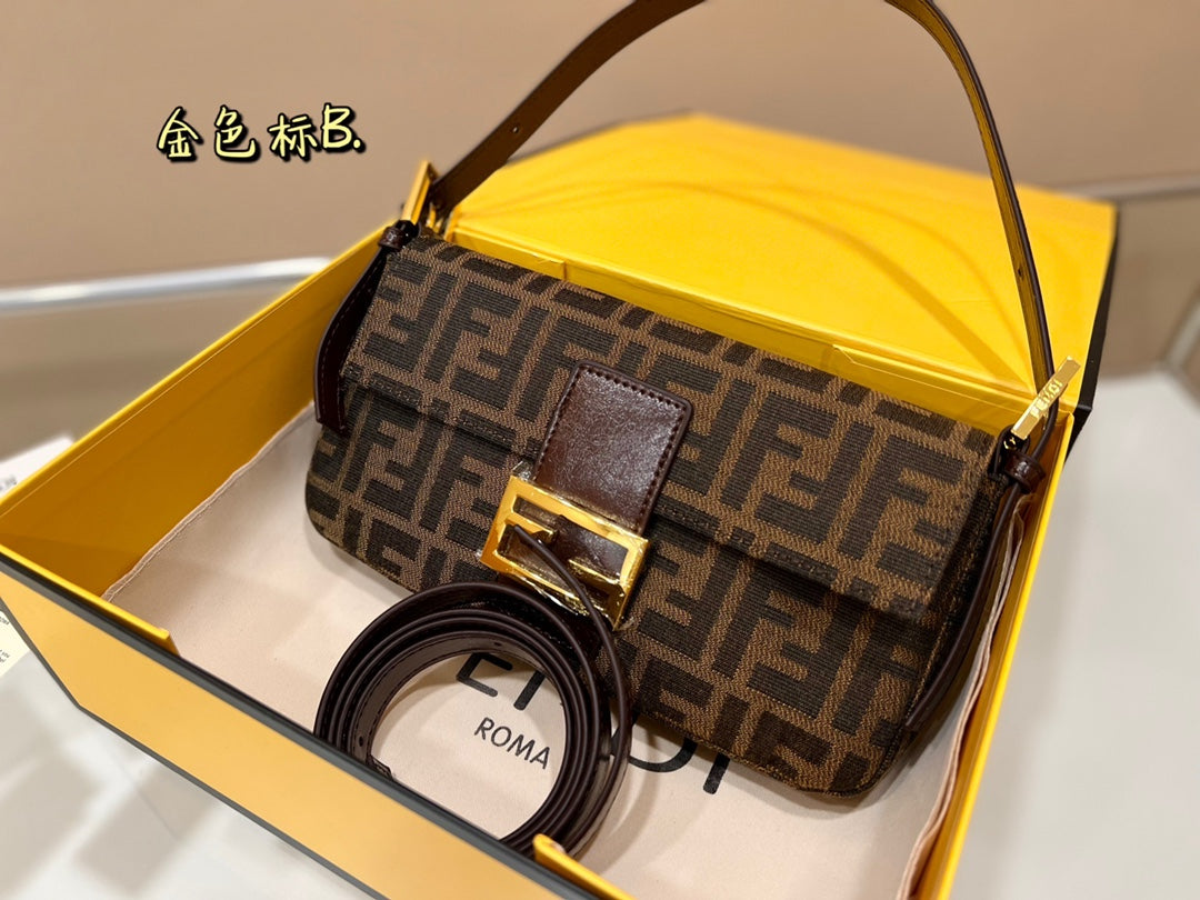 Fendi Zucca Monogram Canvas Baguette Shoulder Bag - Brown FF Logo 26x13cm