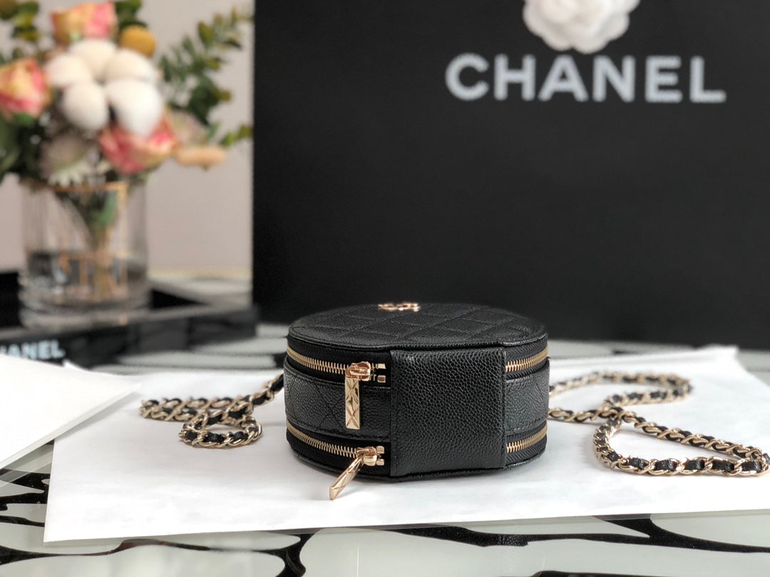 Chanel Small Round Quilted Vanity Case with Chain - Black Caviar Leather