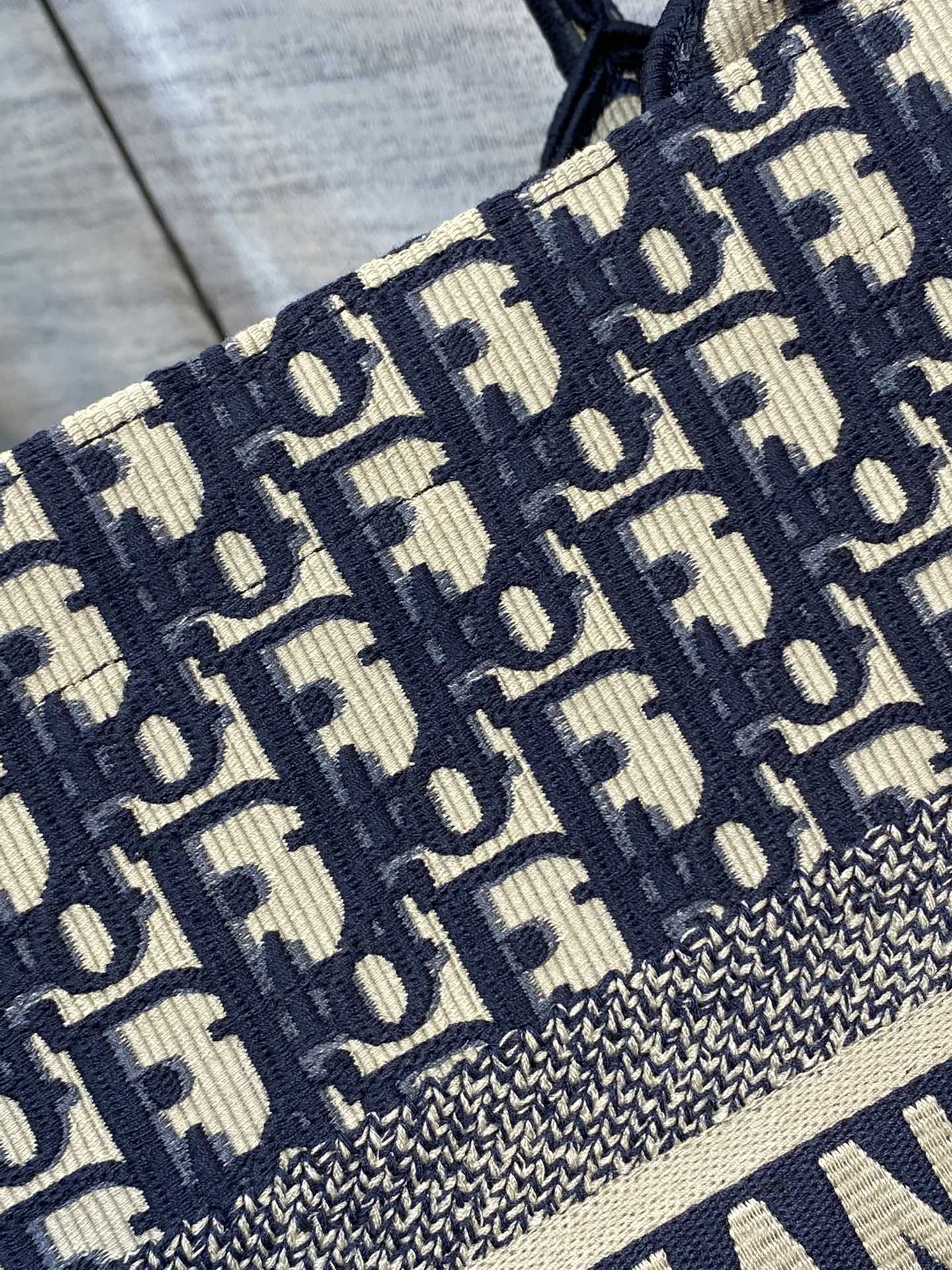 Dior Navy Blue Monogram Embroidered Canvas Tote Bag with Top Handles