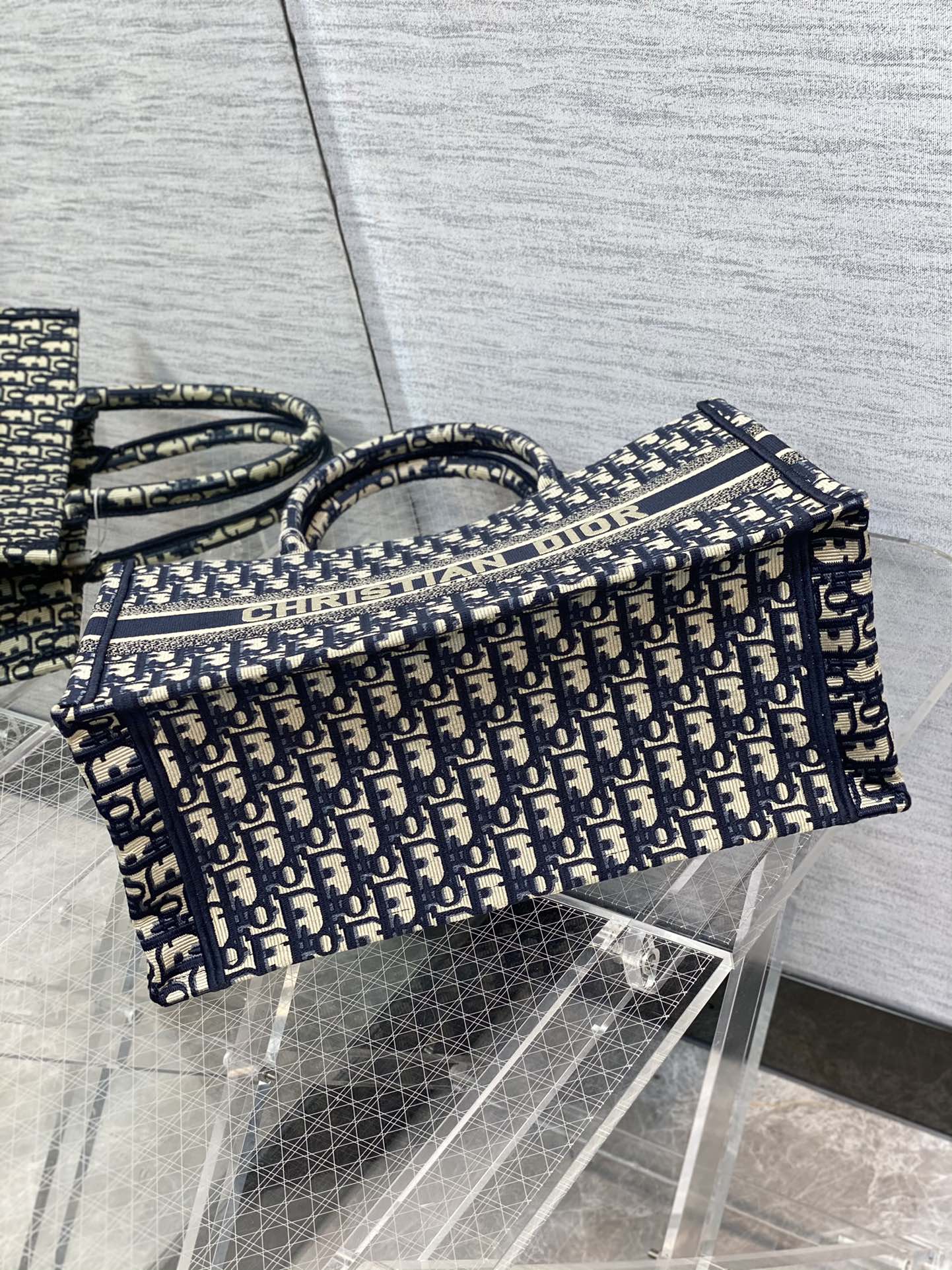 Dior Blue and White Monogram Canvas Tote Bag Classic Top Handle Handbag