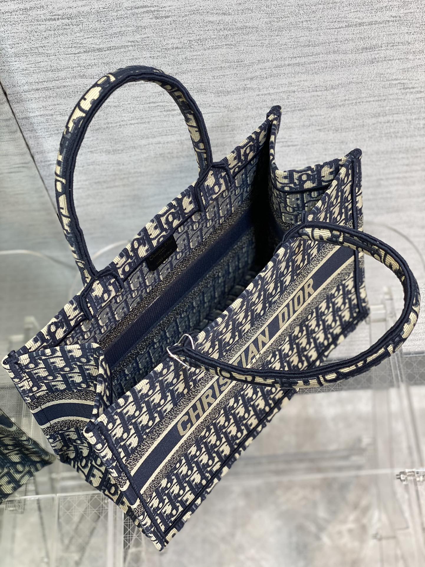 Dior Navy Blue Monogram Embroidered Canvas Tote Bag with Top Handles