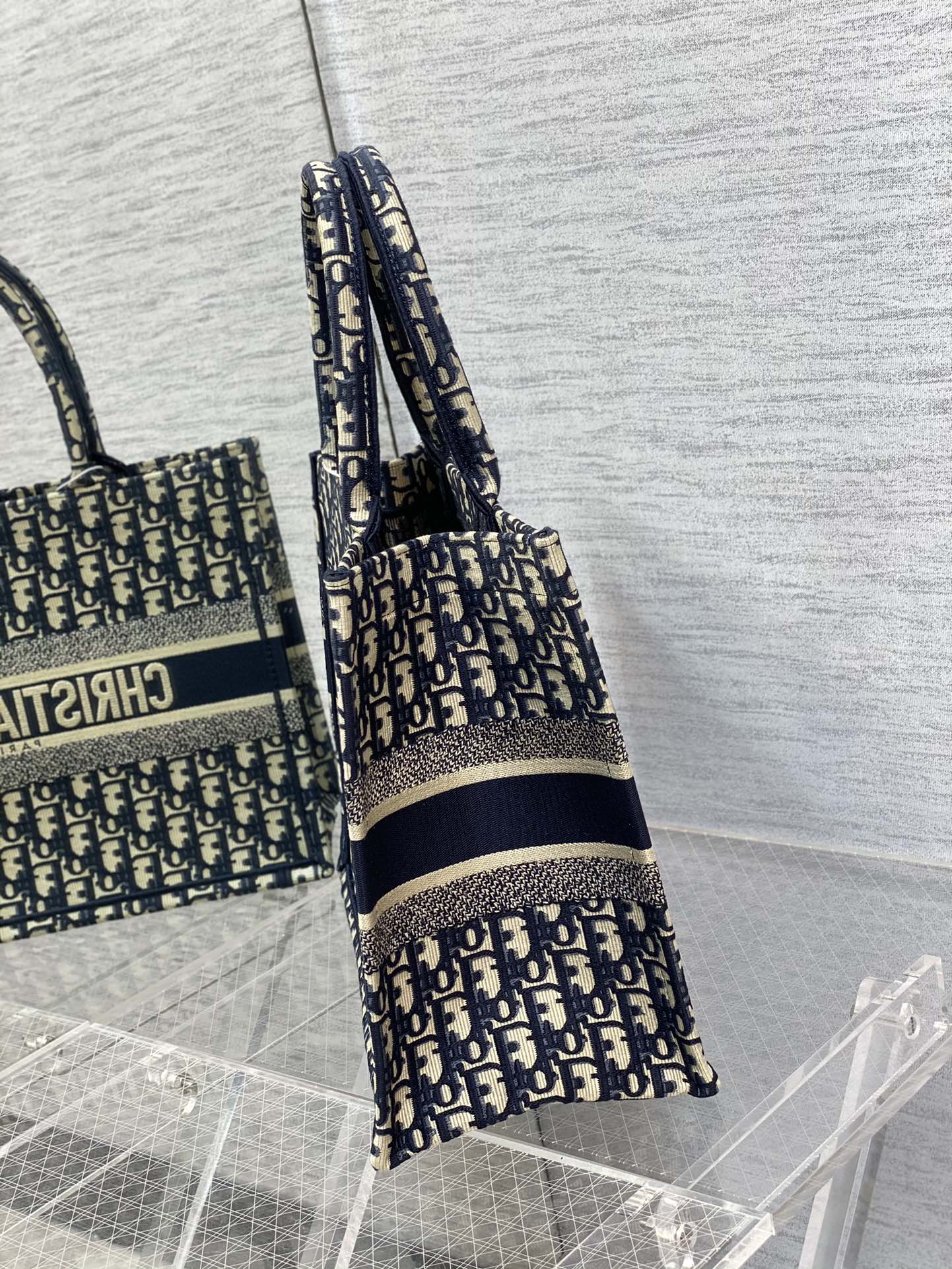 Dior Navy Blue Monogram Embroidered Canvas Tote Bag with Top Handles