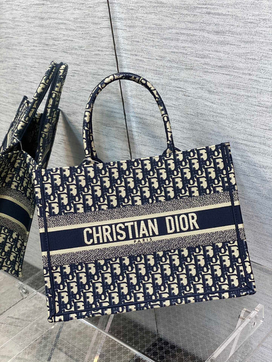 Christian Dior Medium Book Tote Blue Dior Oblique Embroidery Handbag