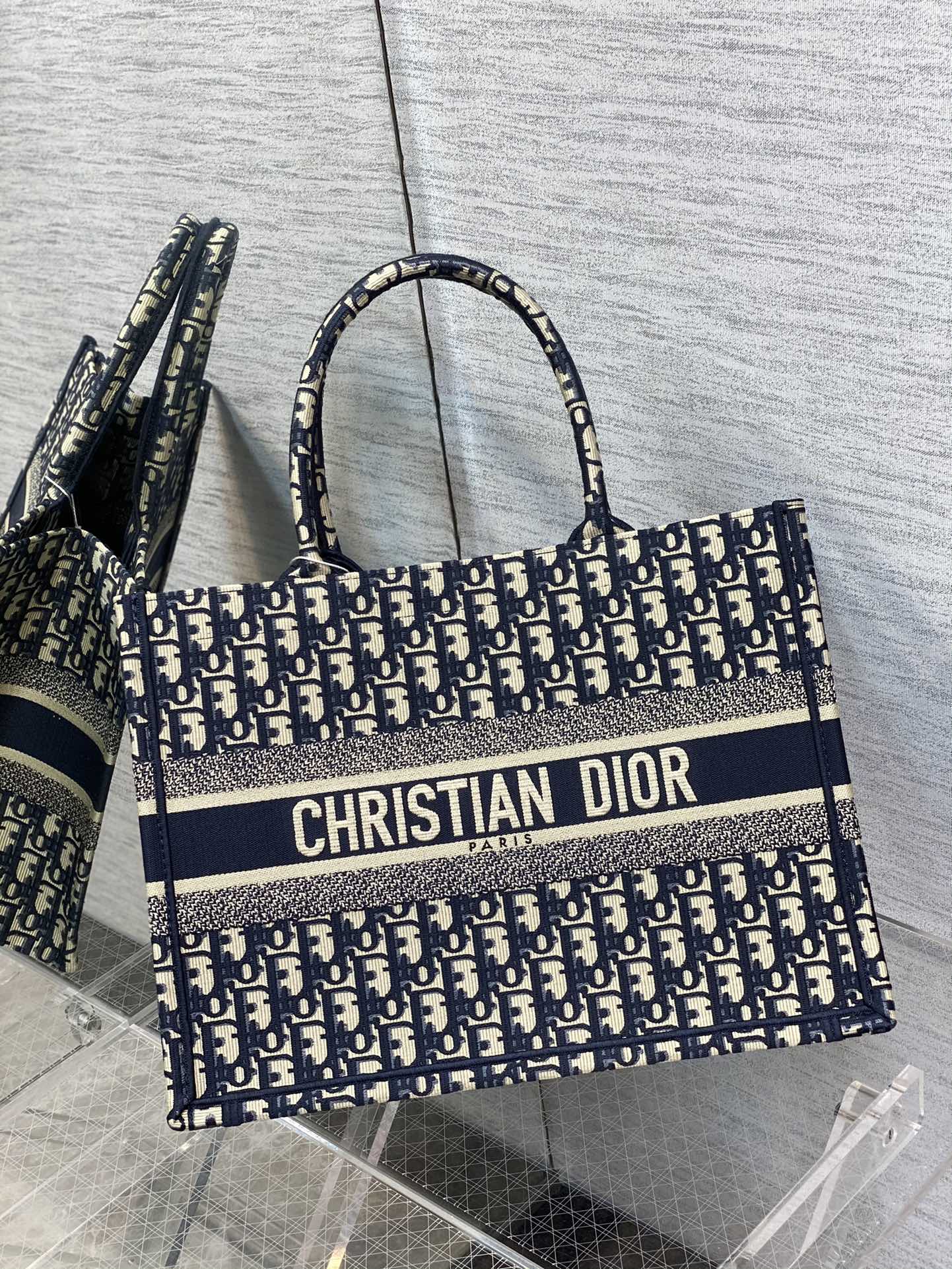 Dior Blue and White Monogram Canvas Tote Bag Classic Top Handle Handbag