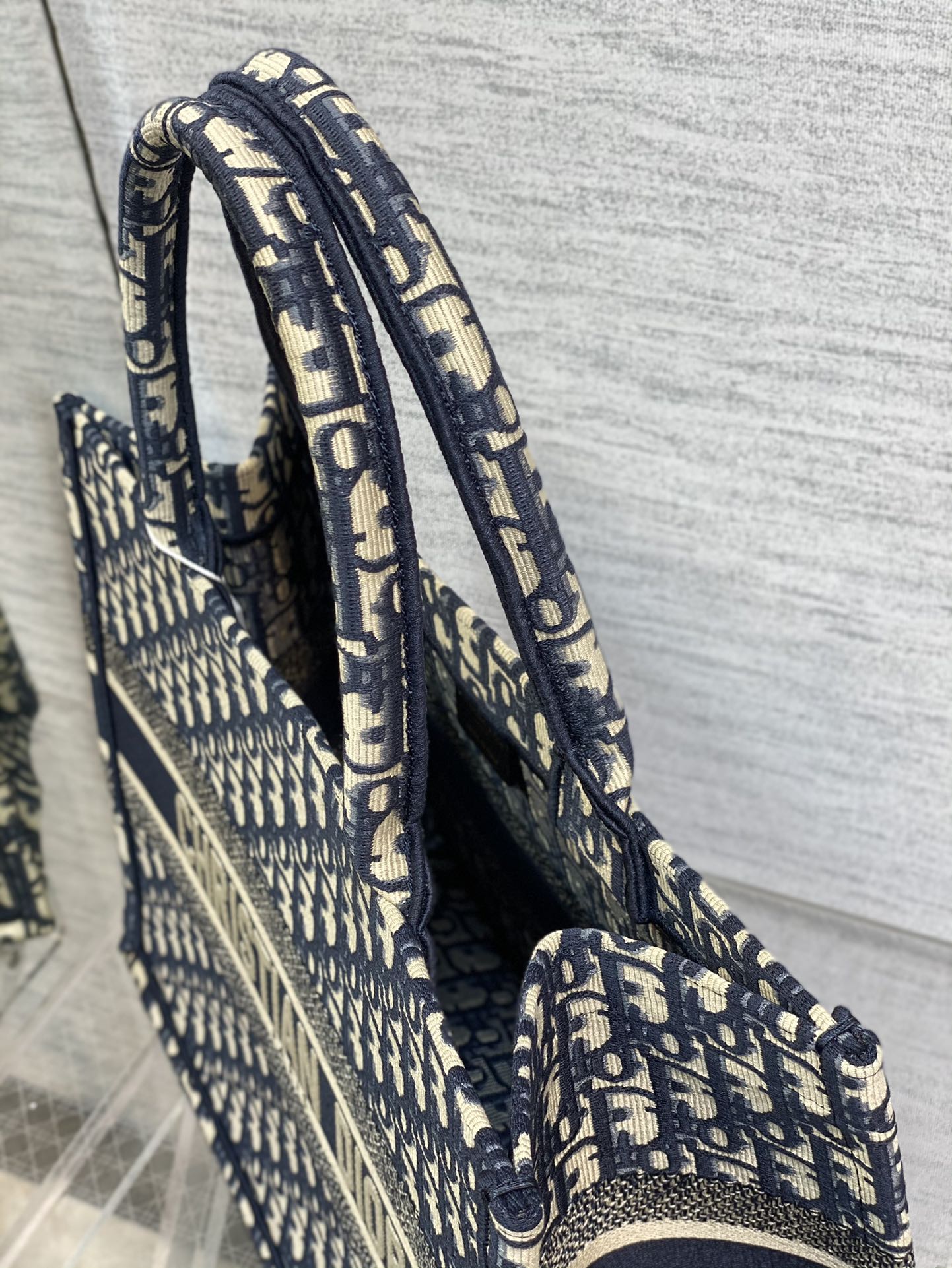 Dior Blue and White Monogram Canvas Tote Bag Classic Top Handle Handbag