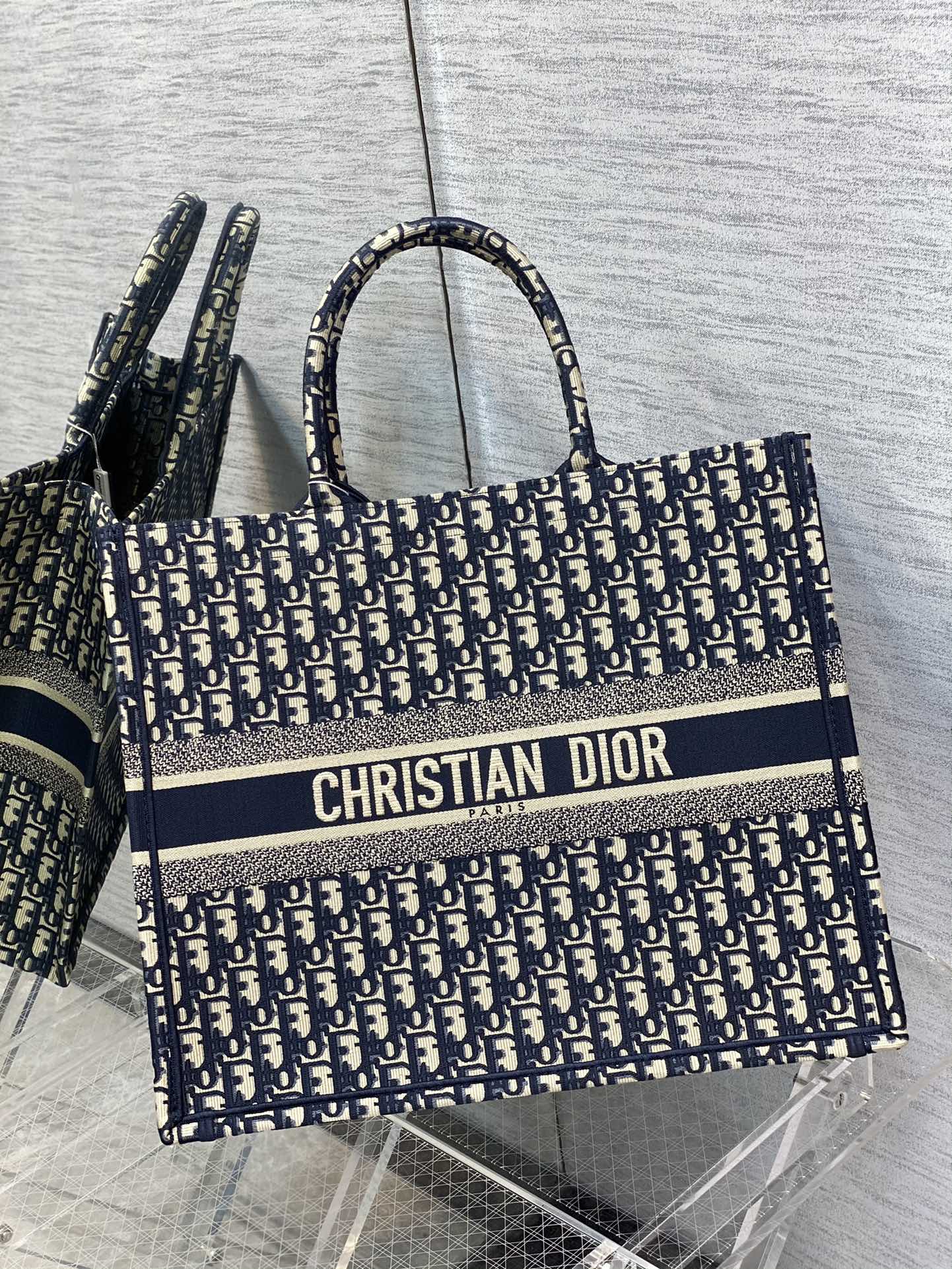 Dior Navy Blue Embroidered Monogram Canvas Tote Bag with Top Handles