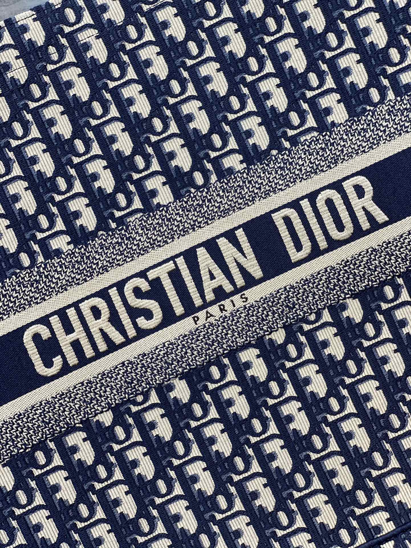 Dior Navy Blue Embroidered Monogram Canvas Tote Bag with Top Handles