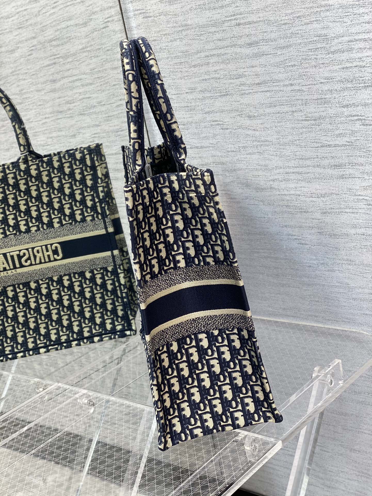 Dior Navy Blue Embroidered Monogram Canvas Tote Bag with Top Handles