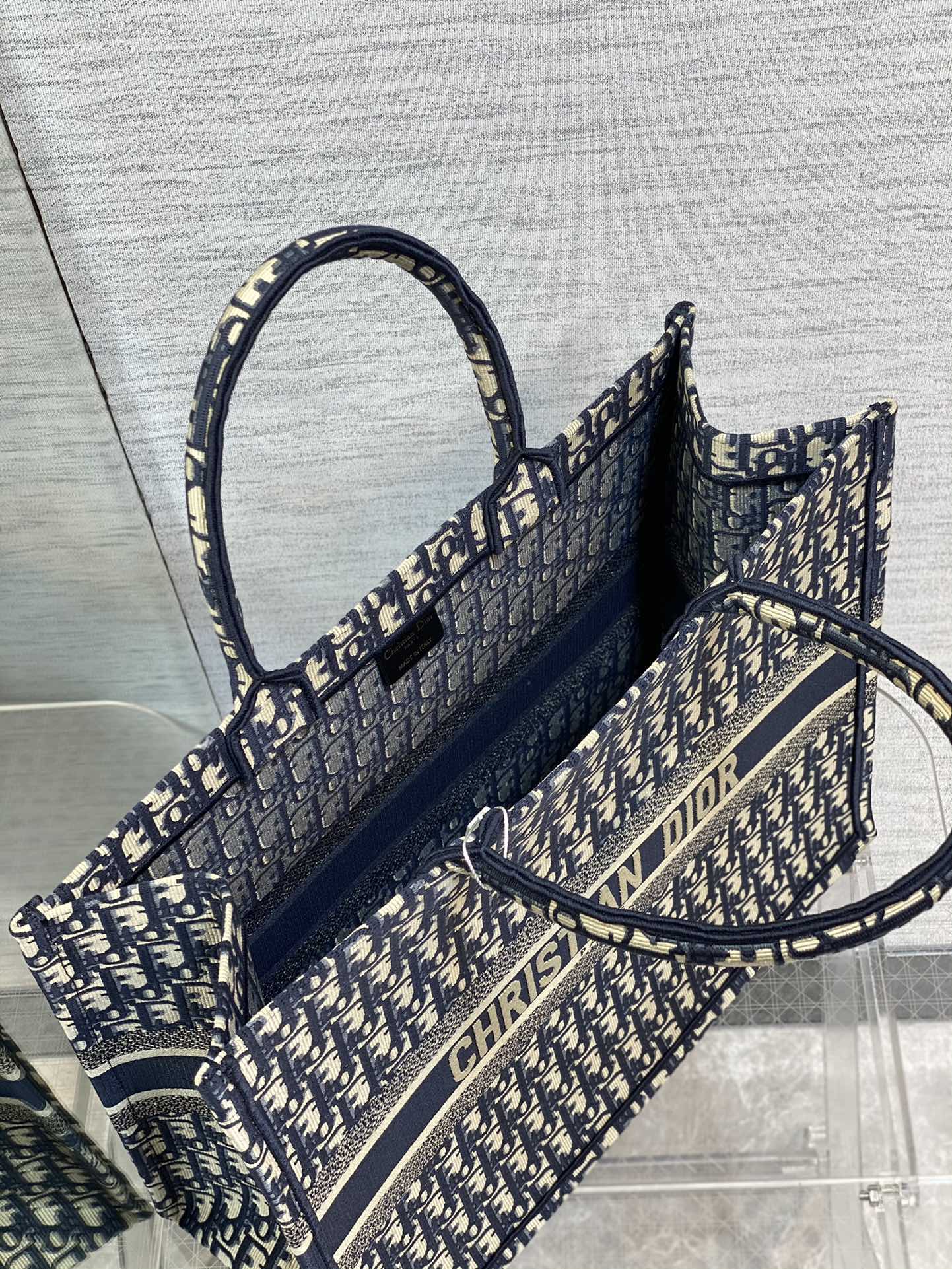 Dior Navy Blue Embroidered Monogram Canvas Tote Bag with Top Handles