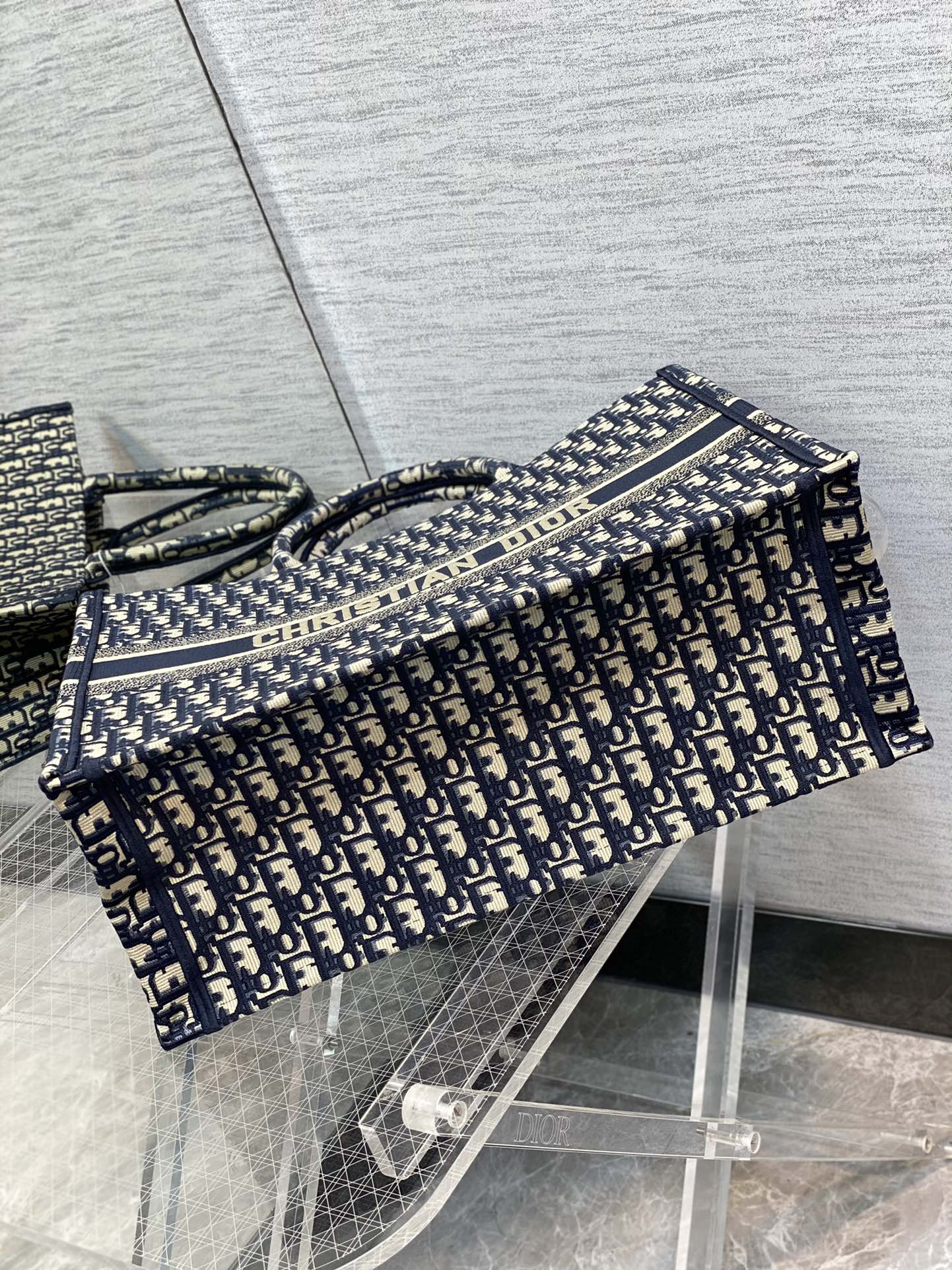 Dior Navy Blue Embroidered Monogram Canvas Tote Bag with Top Handles