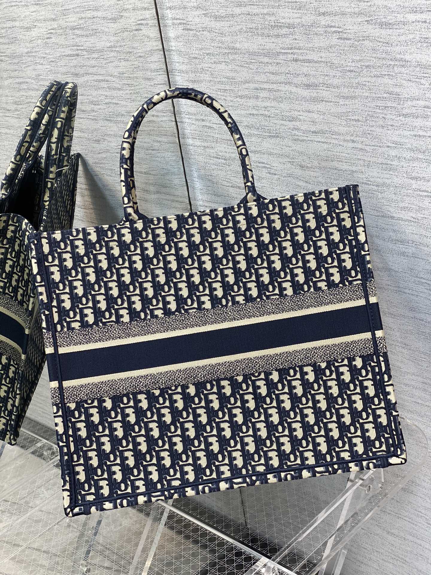 Dior Navy Blue Monogram Canvas Tote Bag Large Carryall Handbag