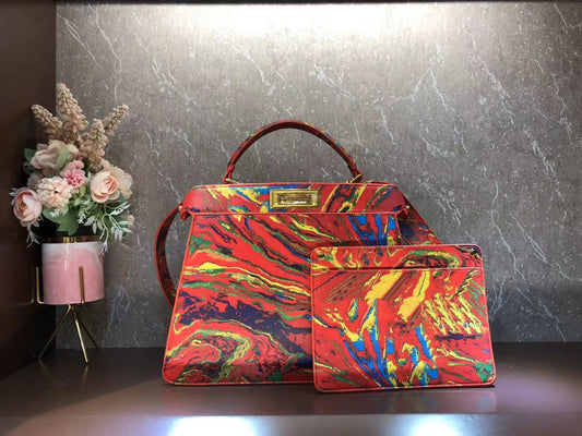 Abstract Multi-Color Marble Print Leather Top Handle Bag - Iconic Designer Style Handbag