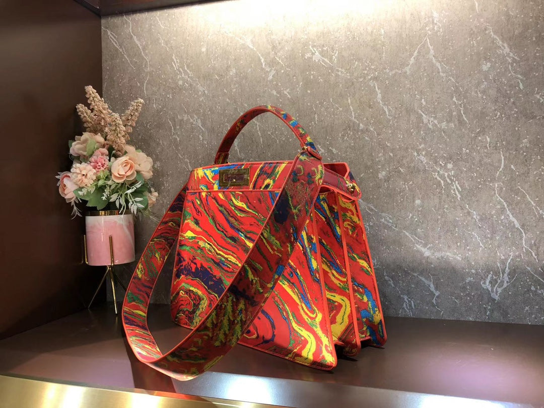 Abstract Multi-Color Marble Print Leather Top Handle Bag - Iconic Designer Style Handbag