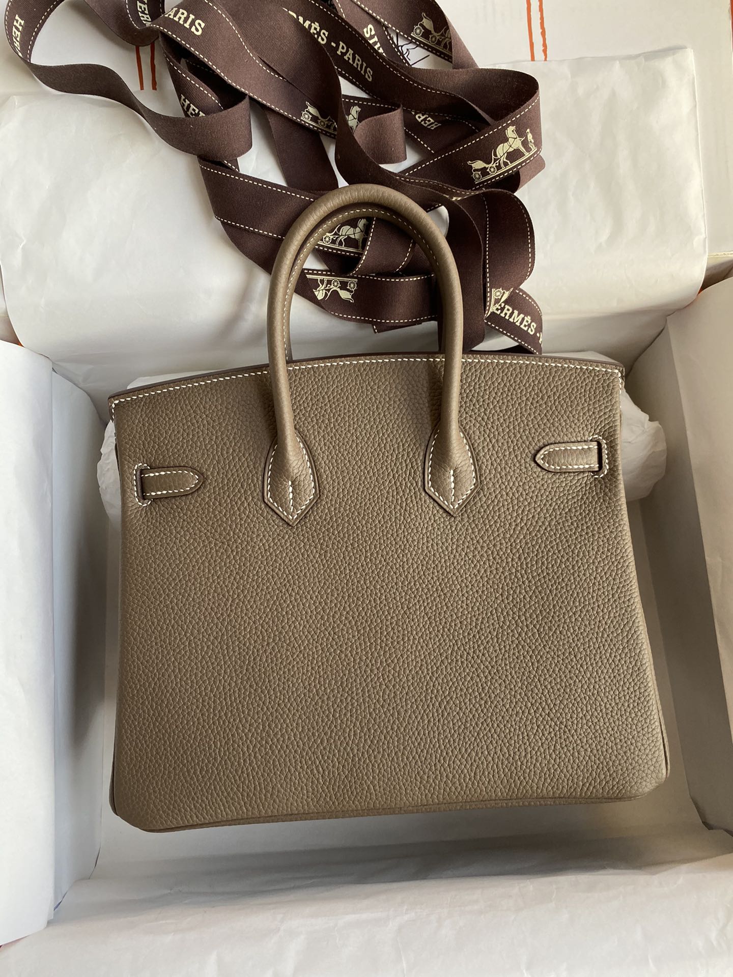Classic Luxury Taupe Leather Handbag with Gold Hardware - Top Handle Tote Bag