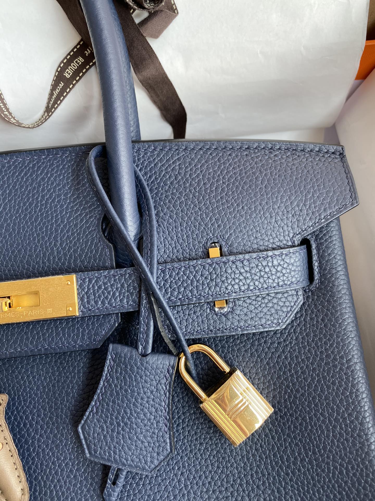 Navy Blue Leather Top-Handle Handbag with Gold Hardware and Horse Charm