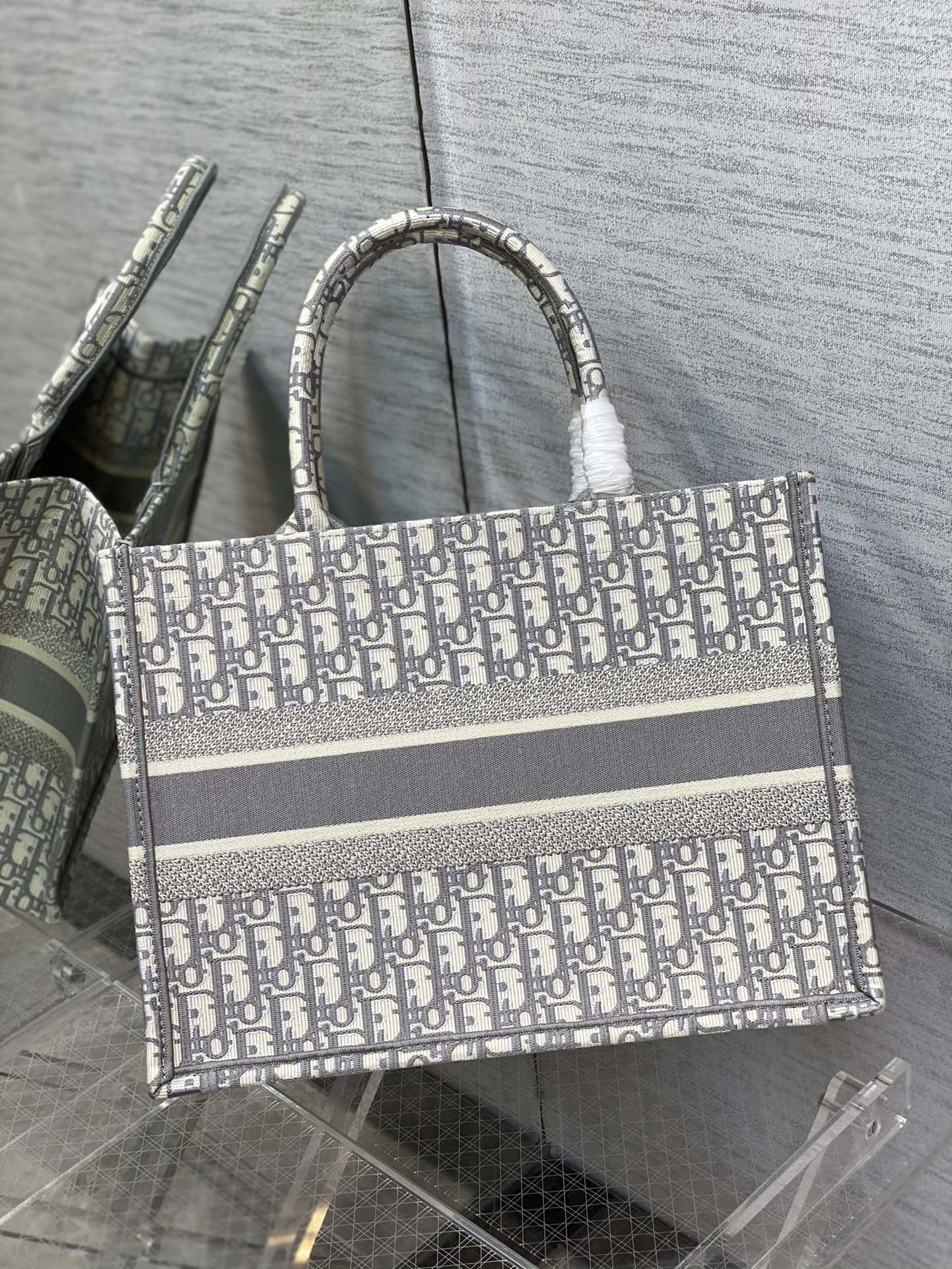 Dior Classic Grey Embroidered Monogram Structured Canvas Tote Bag