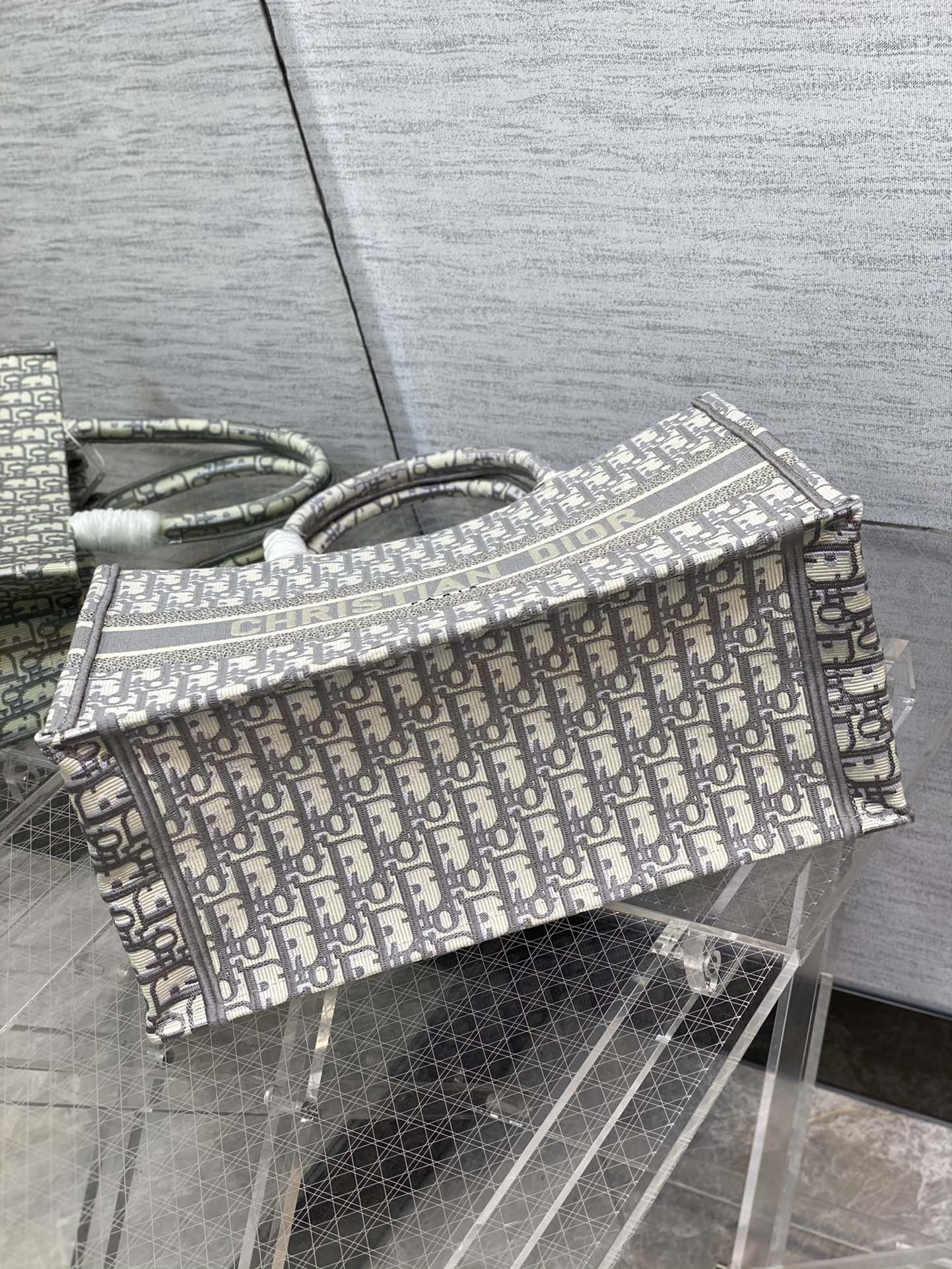 Dior Classic Grey Embroidered Monogram Structured Canvas Tote Bag