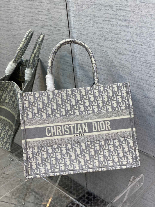 Christian Dior Gray Oblique Embroidery Book Tote Bag Large