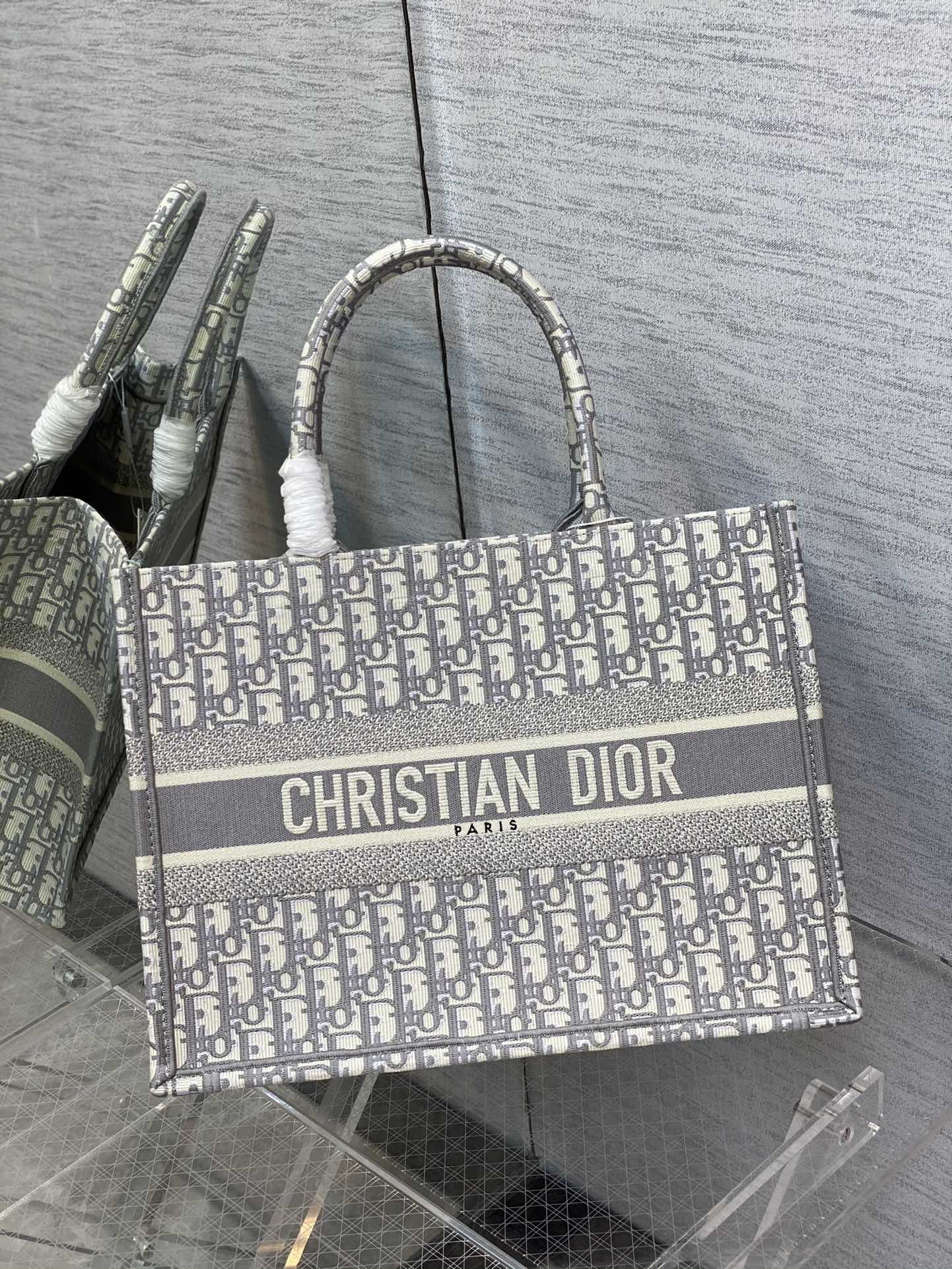 Dior Classic Grey Monogram Embroidered Canvas Tote Handbag
