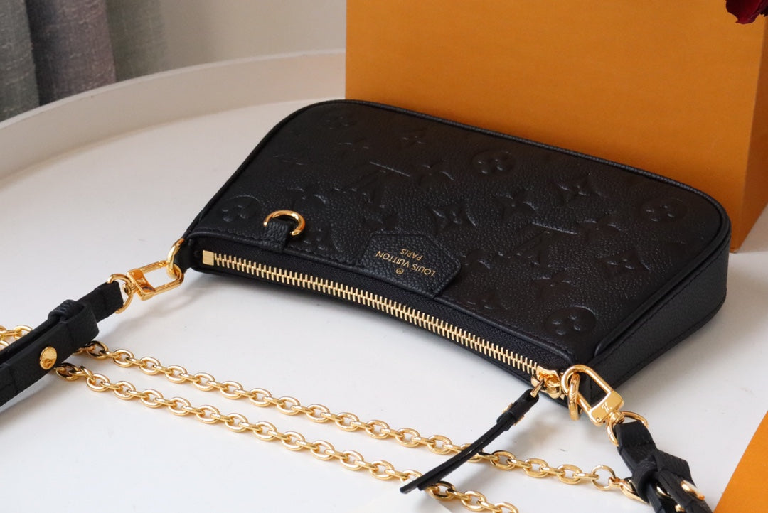 Louis Vuitton Black Monogram Embossed Leather Shoulder Bag with Gold Chain