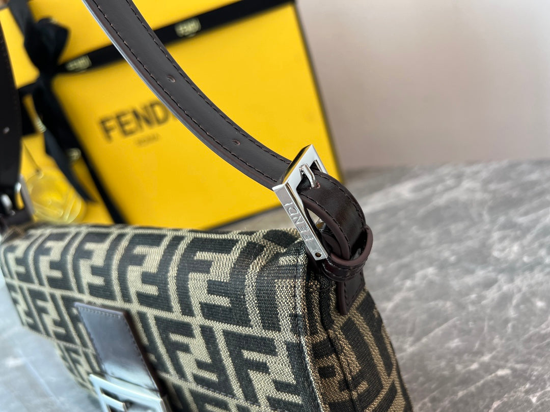 Fendi FF Monogram Canvas Baguette Shoulder Bag with Silver-Tone Hardware