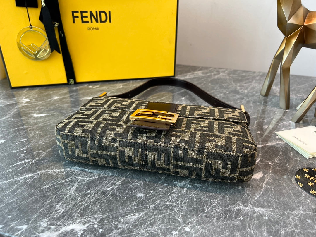 Fendi Baguette FF Monogram Canvas Shoulder Bag with Gold Hardware