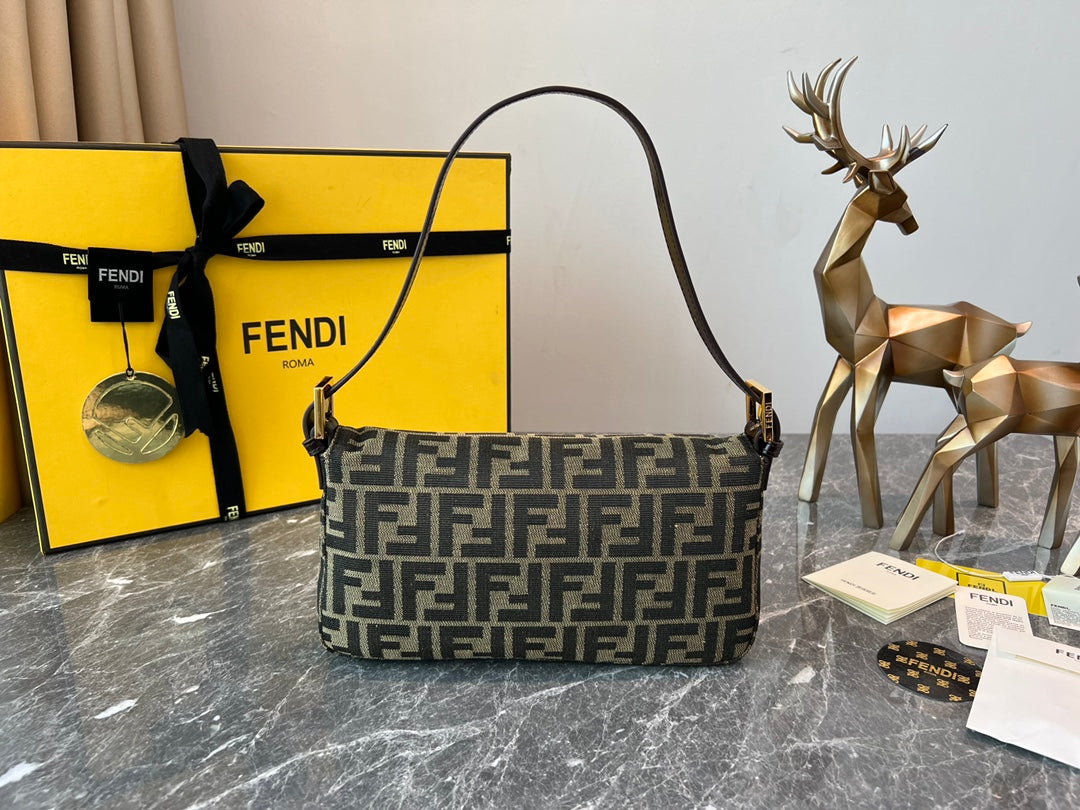 Fendi Baguette FF Monogram Canvas Shoulder Bag with Gold Hardware