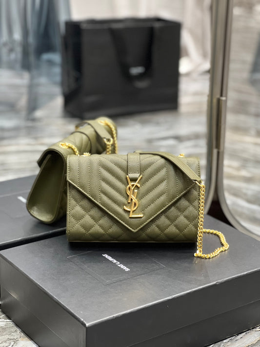 Saint Laurent Cassandre Matelassé Chain Wallet in Olive Green Quilted Leather