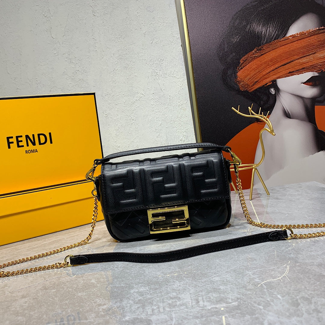 Fendi Black Embossed FF Leather Baguette Bag with Gold Hardware