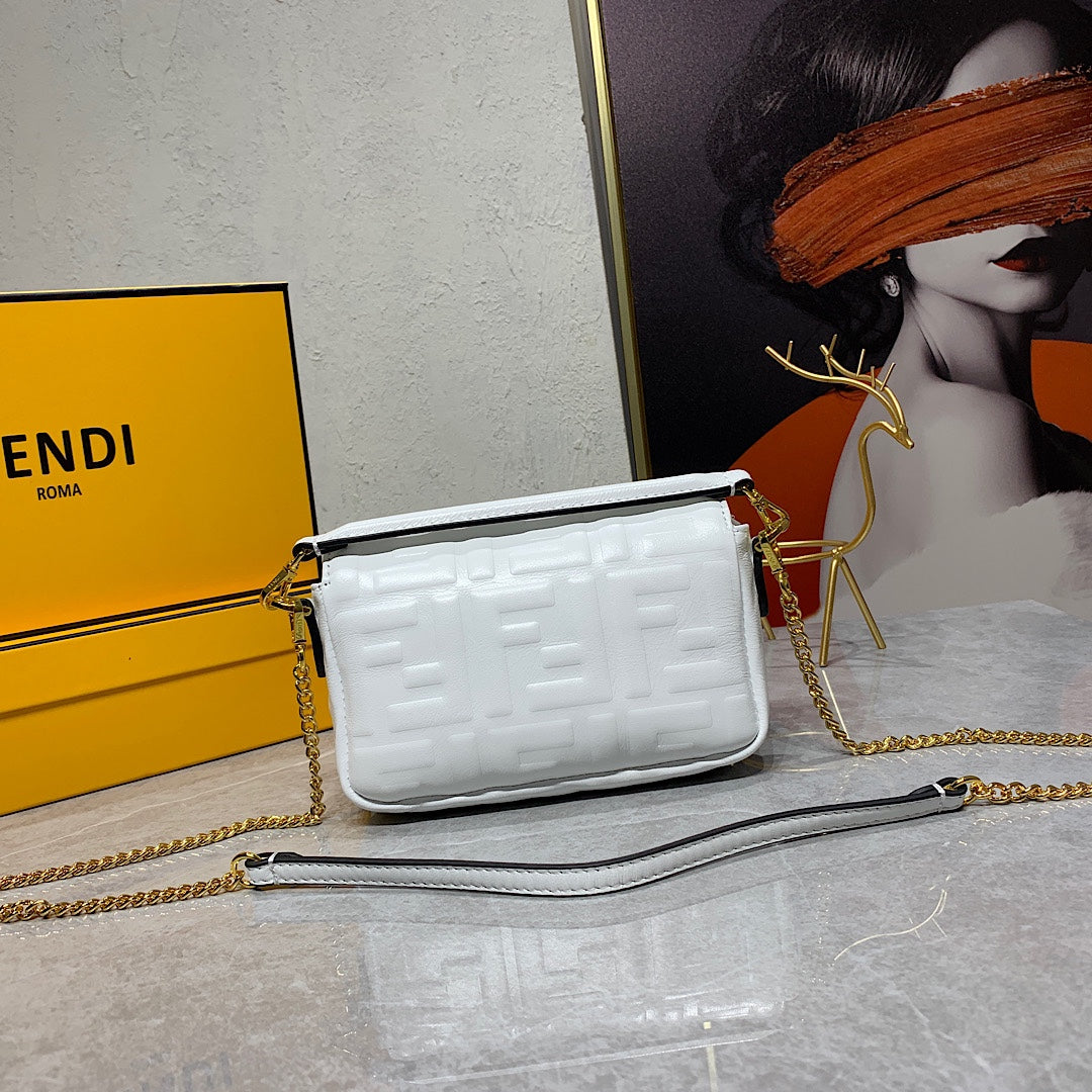 Fendi Baguette White Leather Mini Bag with Gold-Tone Chain Strap